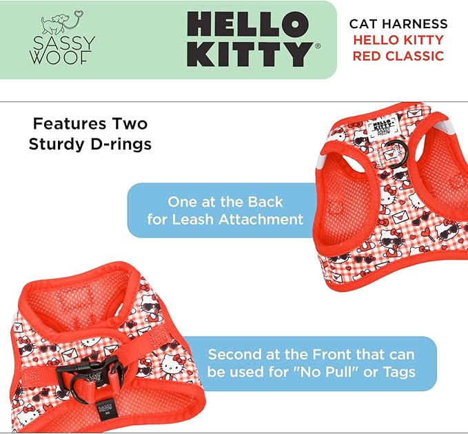 Sassy Woof Cat Step-in Harness - Hello Kitty® Red Classic - S, Breathable Mesh, No Pull Design with Two D-Rings, Perfect for Small Cats - Officially Licensed