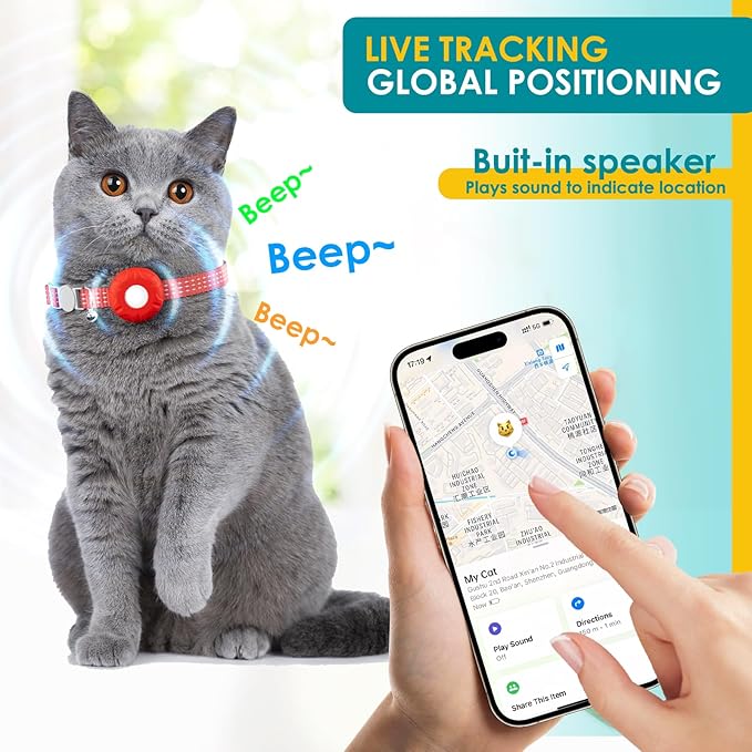 Cat Tracker, Lightweight Pet Tracker for Cats, No Monthly Fee Cat GPS Tracker Compatible with Apple Find My App(Only iOS), Real-Time Location, Smart Alerts, Up to 1-Year Battery, Waterproof