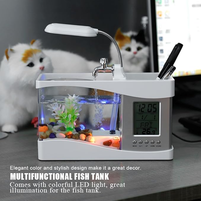 Small Divided Fish Multifunctional USB Rechargeable Mini Fish Aquarium with Clock Function LED Light(White)