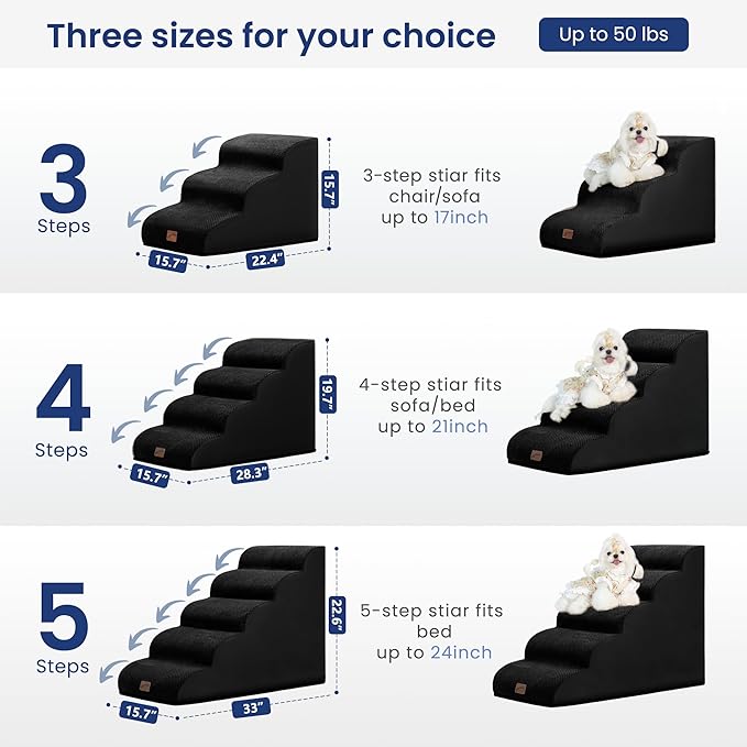 gogobunny Ramp Cat Dog Stairs for Beds, Cat Slope Stairs with Durable Waterproof Fabric Cover, Pet Steps for Old Large Dogs Climbing (Black, 3-Step (22.4" D x 15.7" W x 15.7" H), 3)