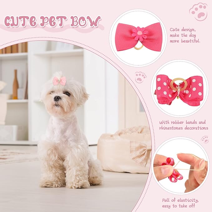 Hanaive 20 Pcs Dog Bows Small Size Dog Hair Bows for Puppy Hair with Rubber Bands Handmade Puppy with Pearls