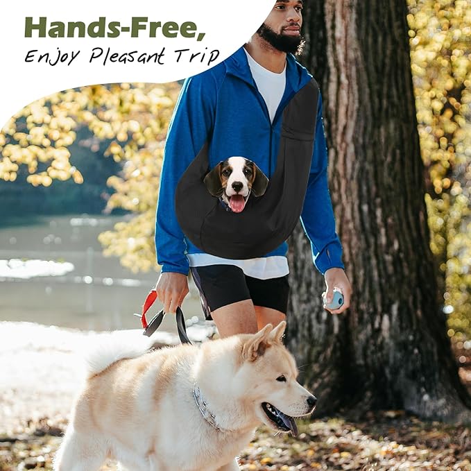 Pawaboo Small Dog Sling Carrier, Reversible Hands Free Dog Sling Carriers for Small Dogs and Cats, Puppy Slings Carrier with Safety Harness, Puppy Essentials, Black