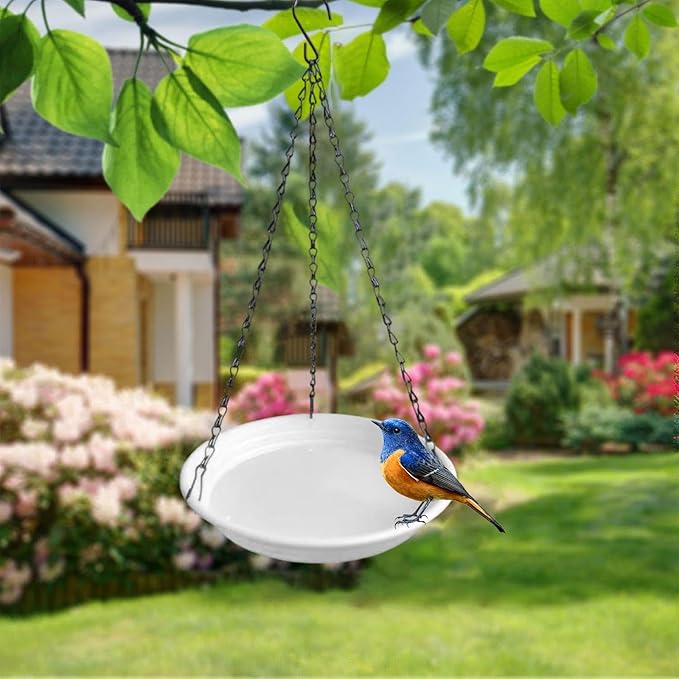 Hanging Bird Feeder and Waterer Tray Water Feeding Bowl Garden Decor with Chains Sturdy Birds Water Station for Backyard Yard, White