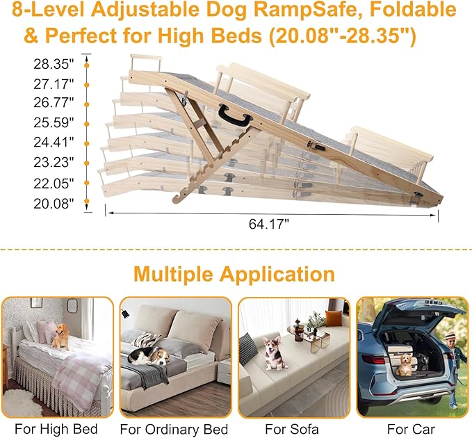 Dog Ramp for Bed, Couch & Car – Adjustable Foldable Pet Ramp, 64.17" Long, 17.72" Wide, Non-Slip Surface with Safety Rails, 8 Heights 20.08"-28.35", Supports 220 lbs, Solid Wood (Gray, 17.72)
