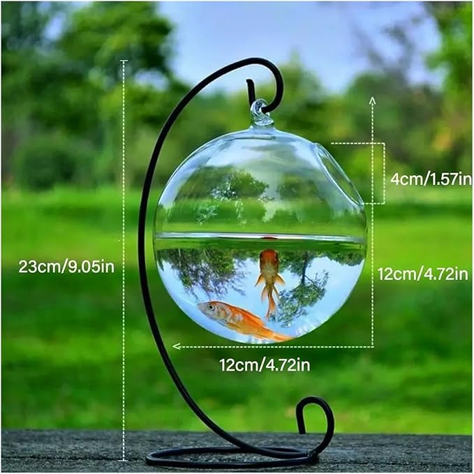 Transparent Hanging Glass Aquarium Fish Tank Bowl - Stylish Round/Rectangle Shape with Rack Holder for Home Decoration(White-01)