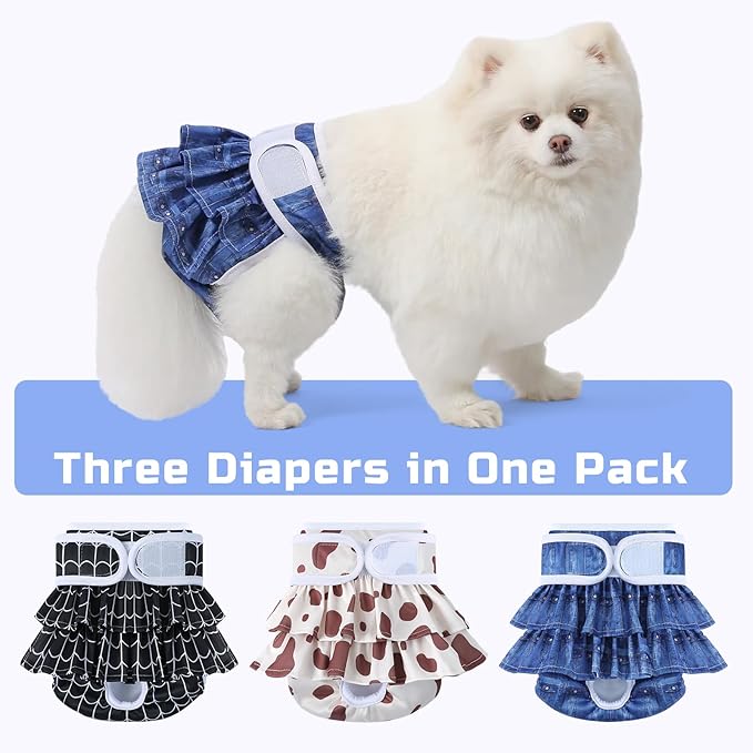 Reusable Dog Diapers Female 3 Pack Doggie Diapers for Period Heat Incontinence Puppy Training (X-Small, Animal Print)