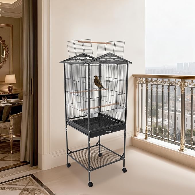 Large Modern Bird Cage 46" for Parrots,Iron Birdcage with Rolling Lockable Wheels & Storage Shelf,Open Top Design & Feeding Doors for Cockatiels Parakeets (Black)