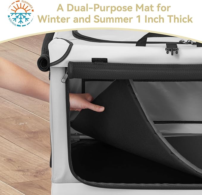PETSFIT Portable Dog Crate for Medium Dogs, – 30" Soft Dog Travel Crates with Lockable Zippers & Thicken Mat, Adjustable Patented Spiral Steel Frame, Collapsible Kennel for Indoor & Outdoor