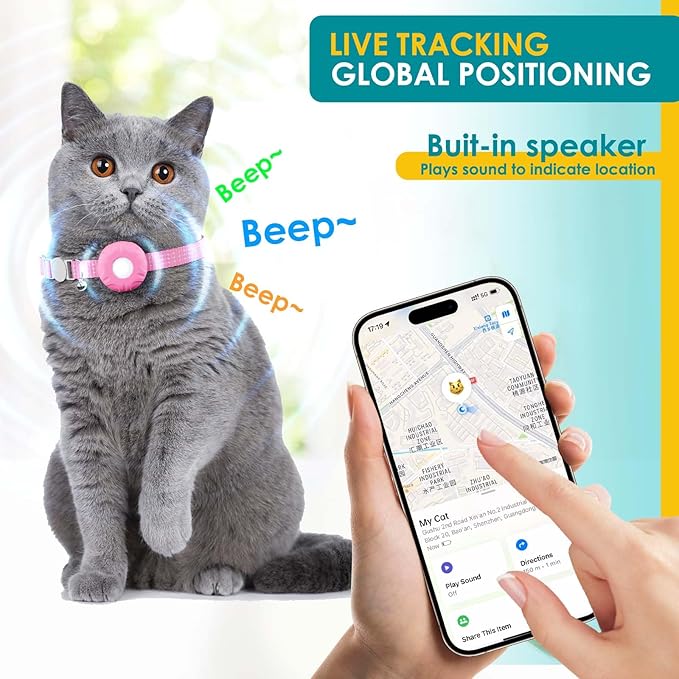 Cat GPS Tracker, Cat Tracker Compatible with Apple Find My App (Only iOS), No Monthly Fee, Waterproof, Breakaway Collar Included, Up to 1 Year Battery (White Tracker, Pink Cat Collar)