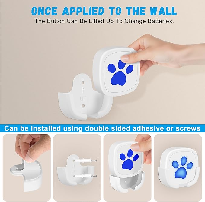 Dog Doorbell, Wireless Ring Bell to Go Outside, IP55 Waterproof Buttons, 55 Melodies, 4 Volume Levels & 950ft Range (White, 1 Reciever 1 Transmitter)