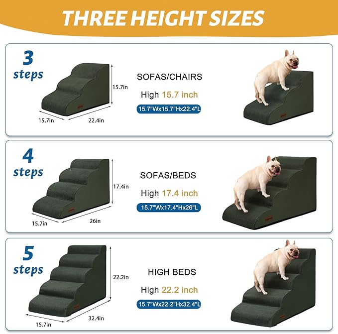 5-Step Dog Stairs and Ramp for High Bed, Non-Slip Sturdy Pet Steps for Small Dogs and Cats,22.2" H,Green