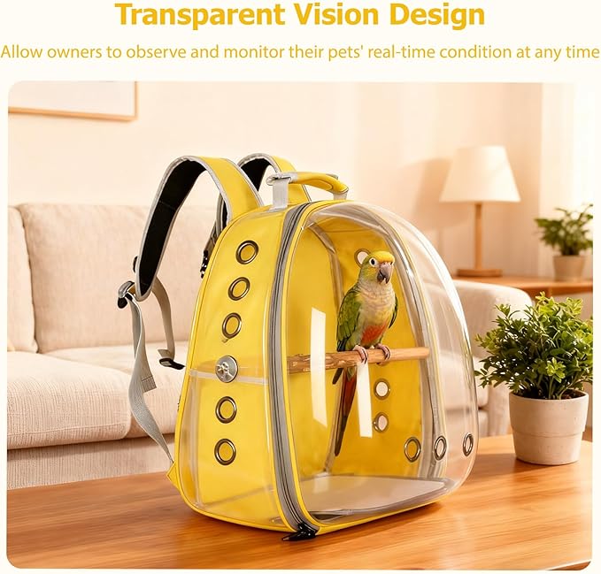 Transparent Parrot Backpack,12 Holes Ventilate Space Capsule Carrier,Stick Wooden Standing Perch,Portable Double Shoulder Outdoor Pet Backpack Carrier for Birds and Pets (Black,with Stick)