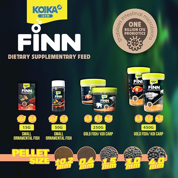 KOIKA FINN Probiotic Fish Food Pellets for Ornamental Fish, 43% Protein with Bacillus Probiotics, Supports Digestion and Immune Health for Daily Feeding (250g, Koi Carp - 1.5mm Pellets)