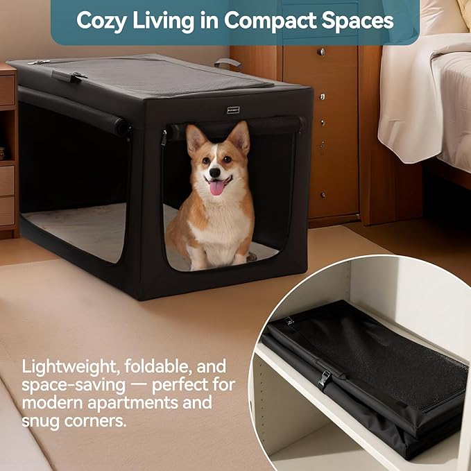 PETSFIT Portable Dog Crate for Medium Large Dogs, – 36" Soft Dog Travel Crates with Lockable Zippers & Thicken Mat, Adjustable Patented Spiral Steel Frame, Collapsible Kennel for Indoor & Outdoor
