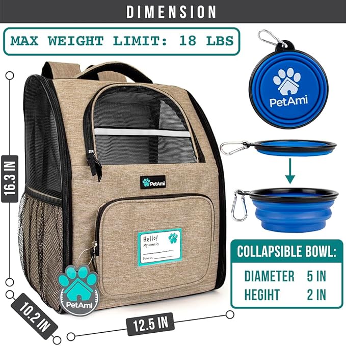 PetAmi Dog Backpack Carrier for Small Large Cat, Pet, Puppy, Ventilated Pet Hiking Backpack Travel Bag, Airline Approved Cat Backpack Carrier, Camping Biking Dog Bag Up to 18lbs Pet, Taupe