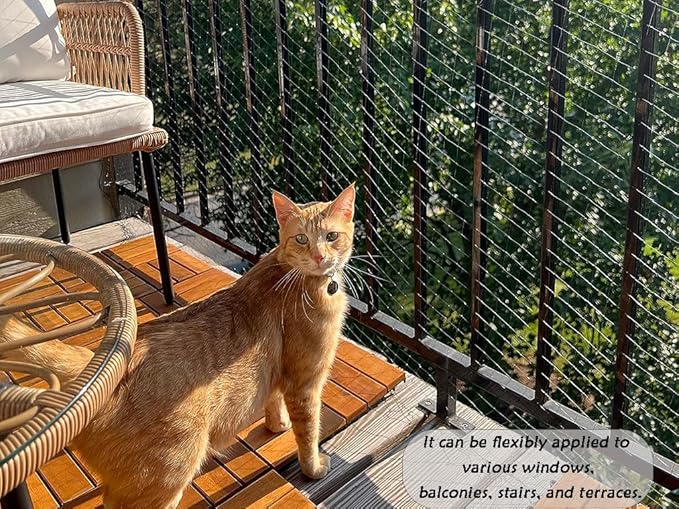 JUNFLYING Cat Netting Balcony 10x26 FT, Wire-Free Pet Protection Mesh for Fall Prevention, Heavy-Duty Catio Screen Barrier for Apartment, Window, Staircase, Terrace and Patio
