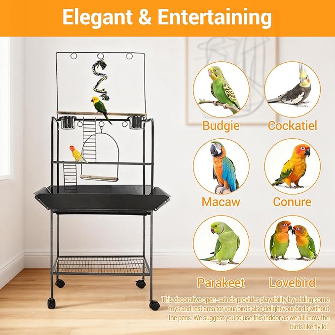 Small Parrot Playstand with Wheels, Bird Stand Activity Play Center with Perches and Ladders, Indoor Outdoor Playground for Birds with Swing Black Hammertone Finish