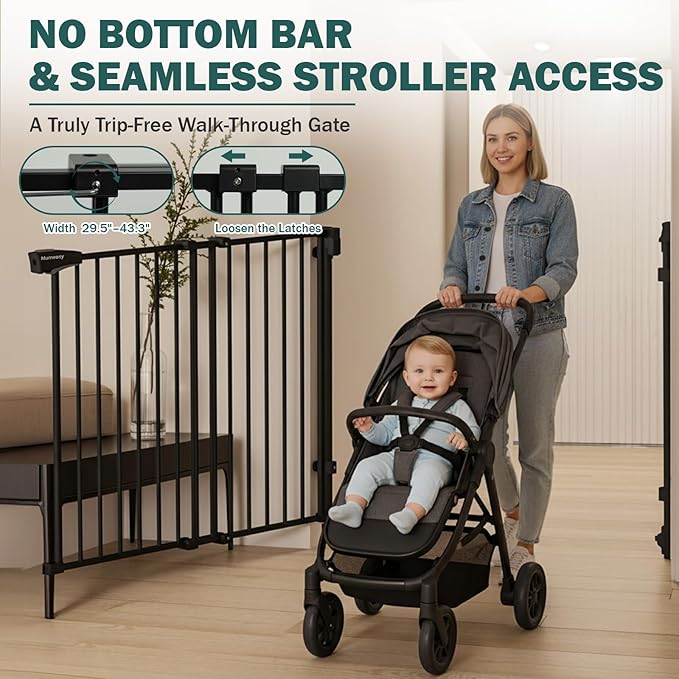 Mumeasy 29.5-43.3" Baby Gate for Stairs, No Bottom Bar Dog Gate with Removable Door & Slide-Adjust Drill Mount, Extra Wide Stairway & Hallway Walk Thru Pet Safety Gate for Doorways, Kitchen (Black)