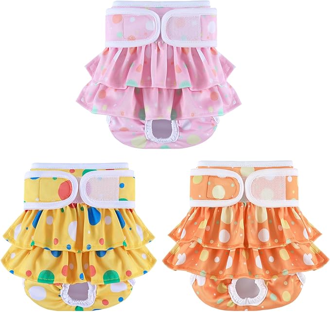 Washable Dog Diapers Female 3 Pack Reusable Highly Absorbent Doggie Diapers, Premium Puppy Diapers, Durable Leak-Proof Dot Doggy Diapers for Period Heat Incontinence Potty Training, M