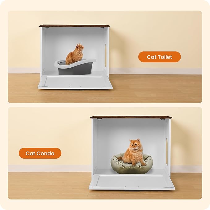 Dwanton Cat Litter Box Furniture Hidden, Cat Litter Box Enclosure, Reversible Entrance Can Be on Left or Right Side, Indoor Cabinet, Wooden Washroom, End Table, White and Rustic Brown, 27.6" L
