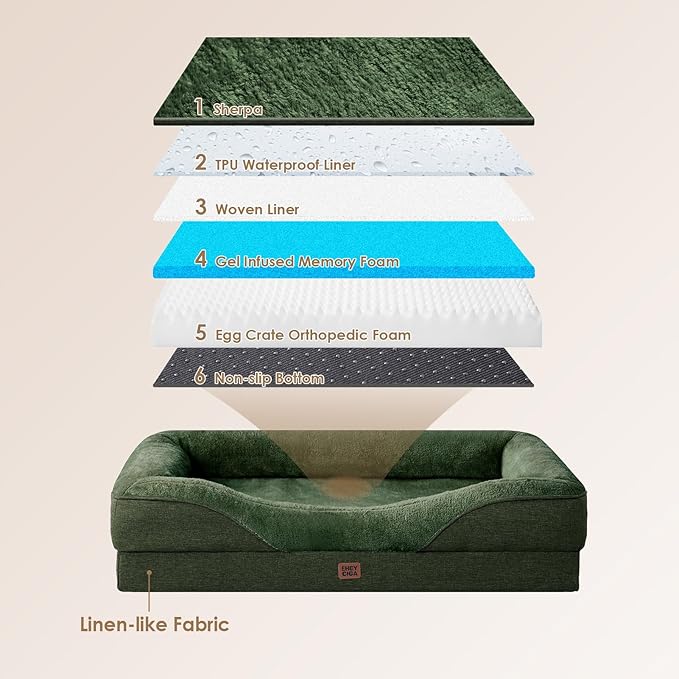 EHEYCIGA Orthopedic Dog Bed for Medium Dog, 35x22x6.5 Inch Memory Foam Dog Couch Bed with Sides, Waterproof Liner & Washable Removable Cover, Bolster Pet Sofa, Dark Green