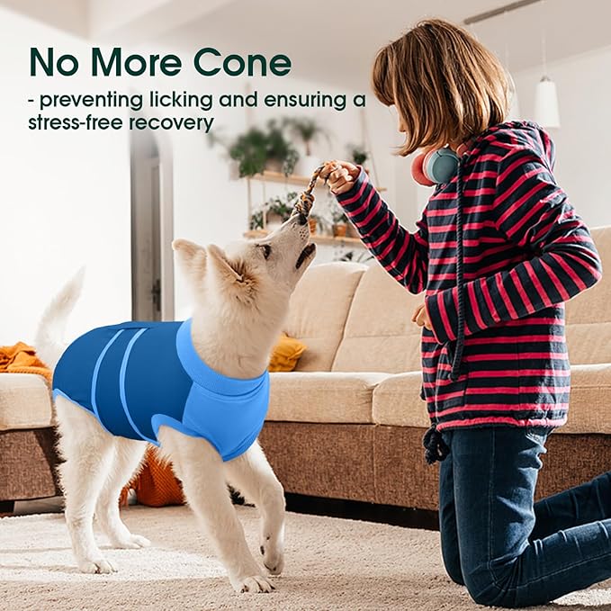 Kuoser Dog Recovery Suit, Female/Male Spay/Neuter Surgery Suit, Anti-Licking Pet Onesie, Blue, Small (7-15LB)