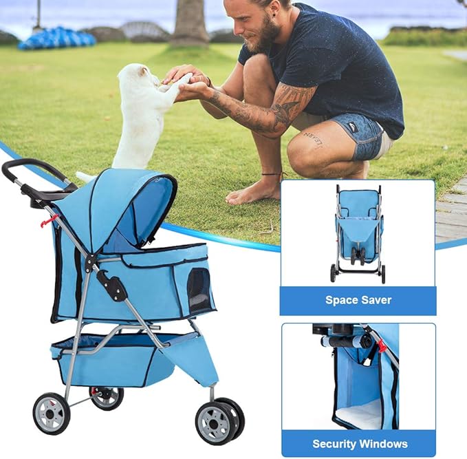 BestPet | 3-Wheel Pet Stroller | Dog and Cat Stroller | Breathable Mesh | Lightweight Travel Carrier | Waterproof & Foldable Design | Storage Basket | Black | for Daily Walks & Outdoor Use