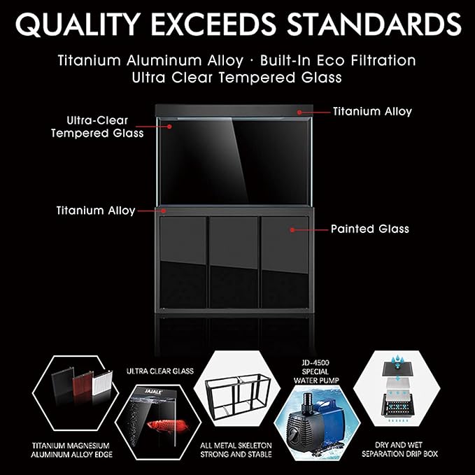 175 Gallon Glass Aquarium with Aluminum Cabinet - Including Sump for Filtration and Circulation, Plumbing, LED, Black