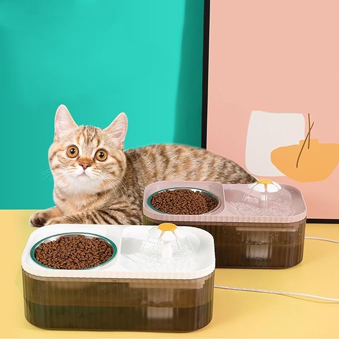 2 in 1 Cat Fountain and Food Bowl, Automatic Pet Water Dispenser, Cat Feeding and Watering Supplies (Pink)