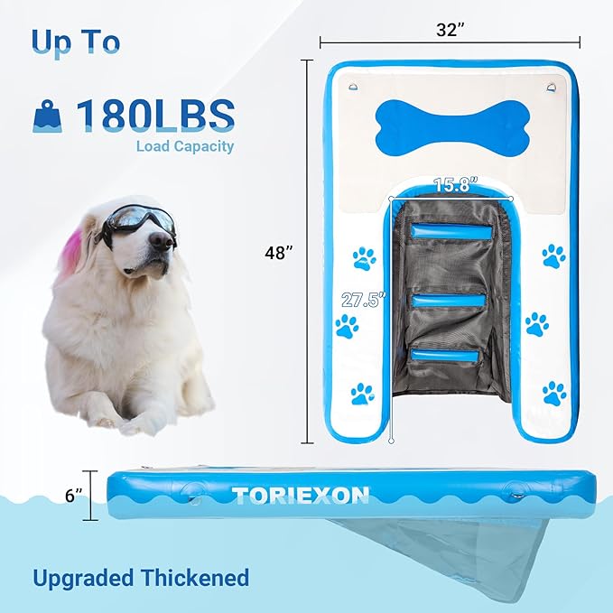 Dog Boat Ramp 48"x32", Inflatable Dog Ramp for Boat & Pool Ramp for Dogs, Non-Slip Stable Pet Ramp, Supports Up to 180 lbs for Pool, Lake & Beach