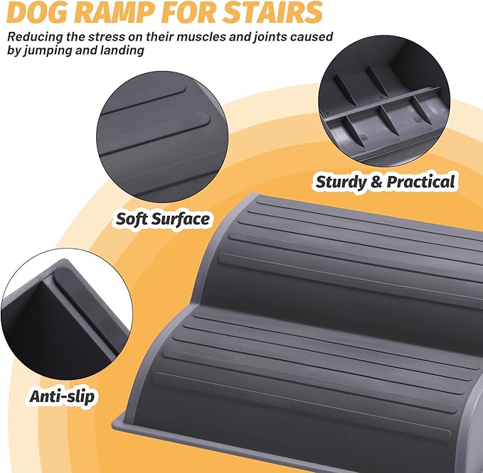 2-Step Modular Dog Ramp - Portable Non-Slip Stairs for Small Dogs with High Support, Lightweight Plastic Pet Steps Fits Staircase Indoor, Ideal for Elderly Injured Pets (9.5"D, 1-Pack, Grey)