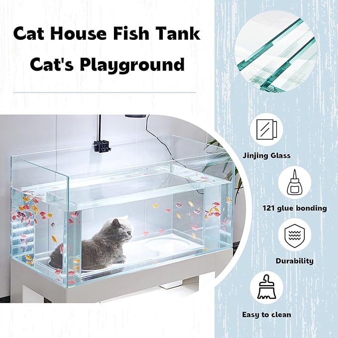 20 Gallon Cat Bed Aquarium Fish Tank - Immersive Viewing Glass Cat Cave, Cat Entertainment Equipment with Tunnel for Indoor Cats, Turtle & Betta（31.5x15.7x17.7in） B 31.5x15.7x17.7in