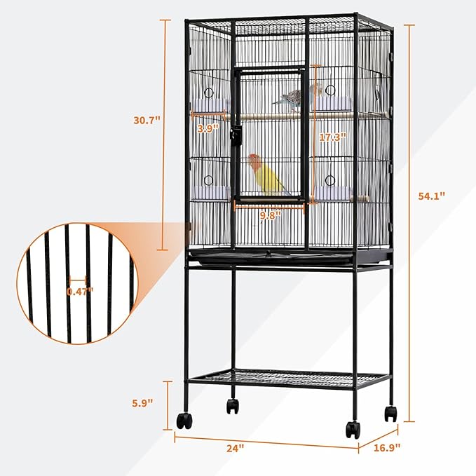 Wide Large Bird Cage with Rolling Stand and Storage – 54" Tall Parrot Cage for Parakeets, Cockatiels, Conures, Cockatoos – Black Flight Cage with Feed Bowls – Ideal for Medium-Large Birds