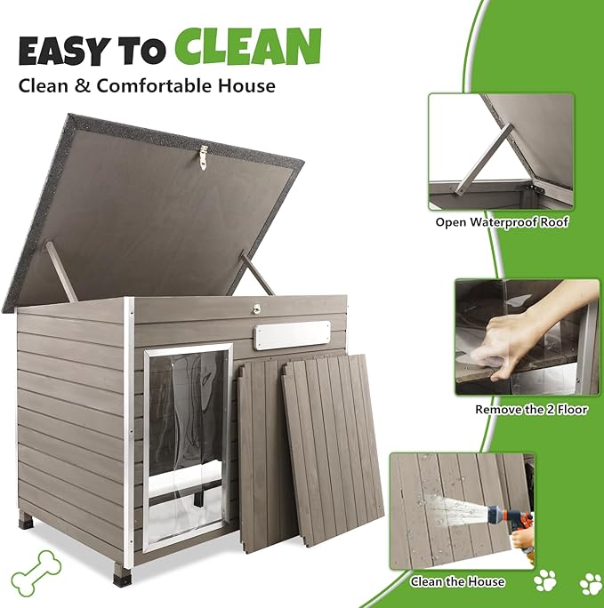Large Wooden Dog House Outdoor, XL Weatherproof Dog Houses with Adjustable Vent Windows, Alloy Chew-Resistant Frame, Removable Floor for Medium & Large Dogs (43.3" Lx26.4 W x33.7 H)