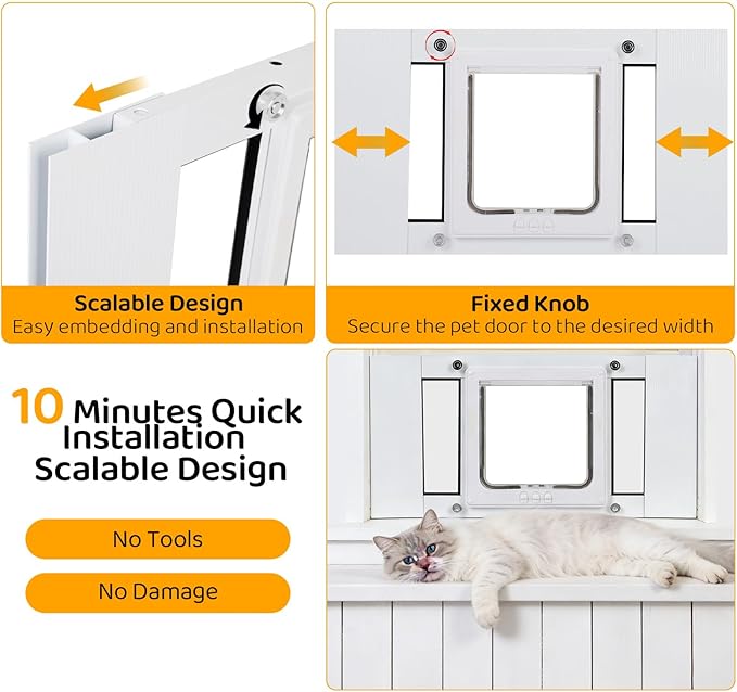 Cat Door for Window, Adjustable Width Fits 23"-28", Quick-Fit Cat Door Window Insert, Aluminum Frame with Tight Seal & Magnetic Closure, 4 Locking Modes for Pet Access Control