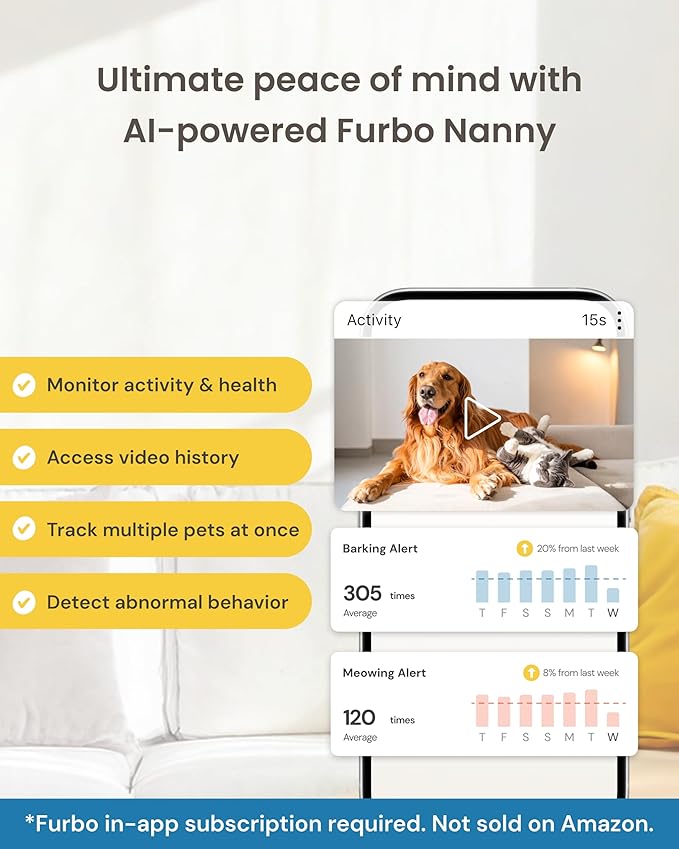 Furbo 360° Dog Camera + Mini 360° Cam [New Subscription Required at Setup] 2-Camera Bundle Nanny Pro Subscription: Dog Safety Alerts, Pet Camera with Speaker, Phone App & Night Vision