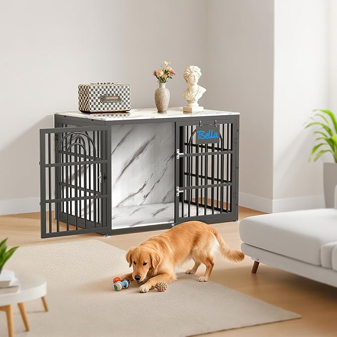 42" Dog Crate Furniture, Heavy Duty Dog Crates, Dog Kennel Furniture Indoor for Large Dog as TV Stand, Wooden Cage End Table for Indoor Decoration, Name Tag Escape-Proof Locks & Double Door