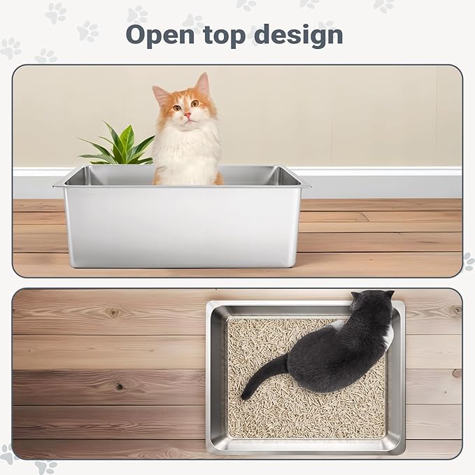 Kirecoo Stainless Steel Litter Box, Large Low Entry Metal Cat Pan Box, Indoor Litter Tray, Non Stick, No Smell, Easy to Clean, Pet Toilet Supplies for Cats