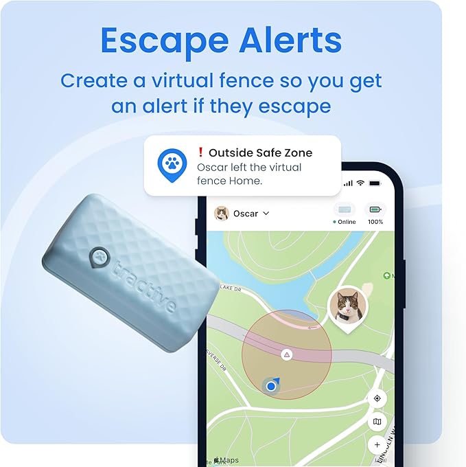 Tractive Smart Cat GPS Tracker | Real-Time Location & Wellness Monitoring for Cats 6.5 lbs+ | Territory & Location History | Up to 5-Day Battery | Breakaway Collar Included (Dark Blue)