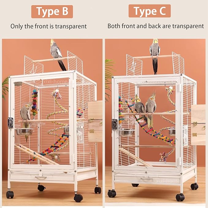 xixi-home Clear Parrot Cage,Metal Bird Cage Ornamental Cage -with Play Top and Wheel,Large Birdcage Flying Birdcage for Outdoors for Parakeet,Lovebirds,Cockatiels(Type B - Black)