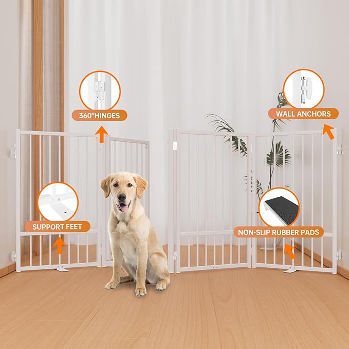 Full Metal Freestanding Dog Gate with Door, 32''Height Foldable Pet Dog Fence for Indoor & Outdoor, 4 Panels Extra Wide Free Standing TallDog Gates for Doorways,House,Stairs,Porch,Deck,Yard