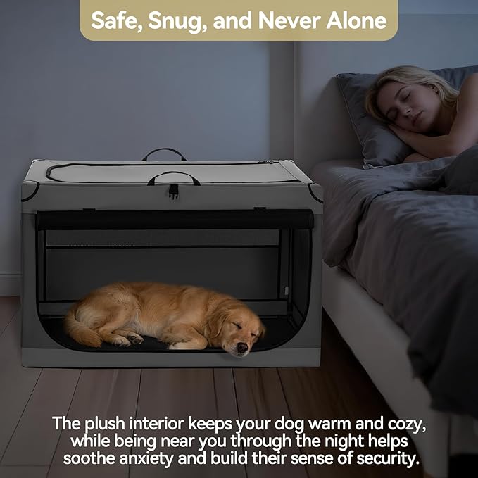PETSFIT Portable Dog Crate for Medium Dogs, – 30" Soft Dog Travel Crates with Lockable Zippers & Thicken Mat, Adjustable Patented Spiral Steel Frame, Collapsible Kennel for Indoor & Outdoor