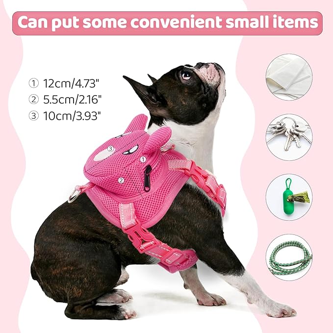 Dog Harness with Backpack, Adjustable Dog Backpack Harness for Small Medium Dogs, No-Pull Breathable Backpacks for Dogs to Wear, for Traveling, Hiking, Camping, Training, Pink S