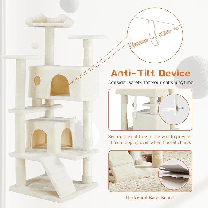 Sweetcrispy 54 Inch Cat Tree Tower, Multi-Level with Cat Scratching Post, Indoor Cat Condo with Climbing Ladder, Plush Toy, Play House for Cat, Beige