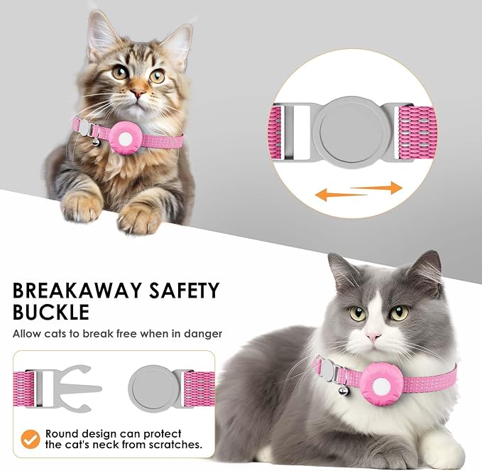 GPS Tracker for Cats, Cat Tracker, Compatible with Apple Find My App (Only iOS), No Monthly Fee, Waterproof, Breakaway Collar Included (White Tracker, Pink Cat Collar)