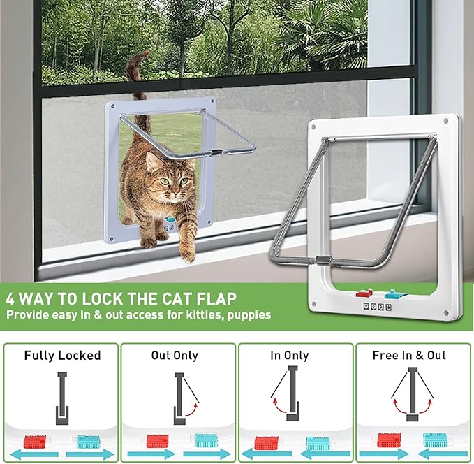 Cat Door for Window, Fits 14"-24" Width Window, Cat Window Door with 4 Locking Modes, Weatherproof Window Cat Door Insert, Magnetic Closure, Easy Installation, Frosted Plexiglass