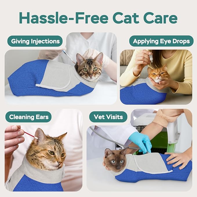 Self-Adhesive Cat Grooming Wrap, Cozy Cat Wrap for Cutting Nails, Breathable Anti-Scratch Cats Swaddle Bag for Brushing, Ear Cleaning, Dental Care, Medication, Injections,Blue L