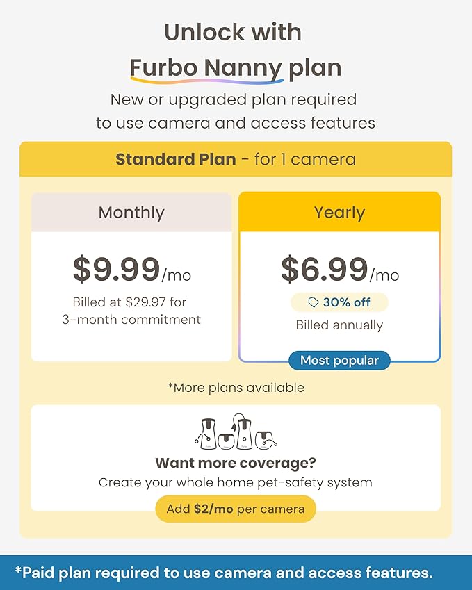 Furbo [New Mini 360° Camera + Mini Cam [New Subscription Required at Setup] (2-Camera Bundle Nanny Pro Subscription): Pet Safety Alerts, Dog & Cat Cameras with Speaker, Phone App & Night Vision