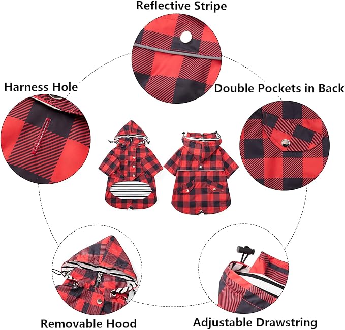 Dog rain Coat Waterproof Raincoat Puppy Jacket with Legs Buttons Zipper Hood Drawstring Fit for Yorkie Terrier Schnauzer Poodle Border Collie Labrador Golden Retriever 8lbs to 80lbs Red XS