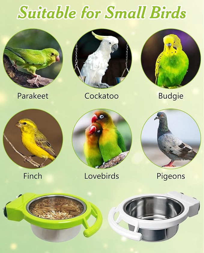 BNOSDM 2 PCS Stainless Steel Bird Bowls Bird Feeding Dish Water Cups Perch Stand Hanging Parakeet Food Container Food and Water Bowls with Spoon for Budgie Cockatoo Finch Lovebirds (Green)